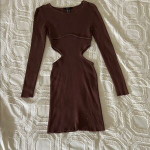 Forever 21 Brown Long Sleeve Cut-Out Dress
